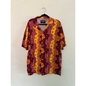 Men's Playboy Yellow Burgundy Floral Casual Button Down Shirt L